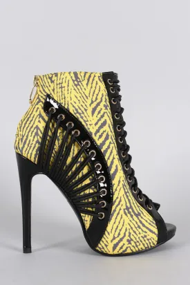 Abstract Print Corset Peep Toe Stiletto Booties