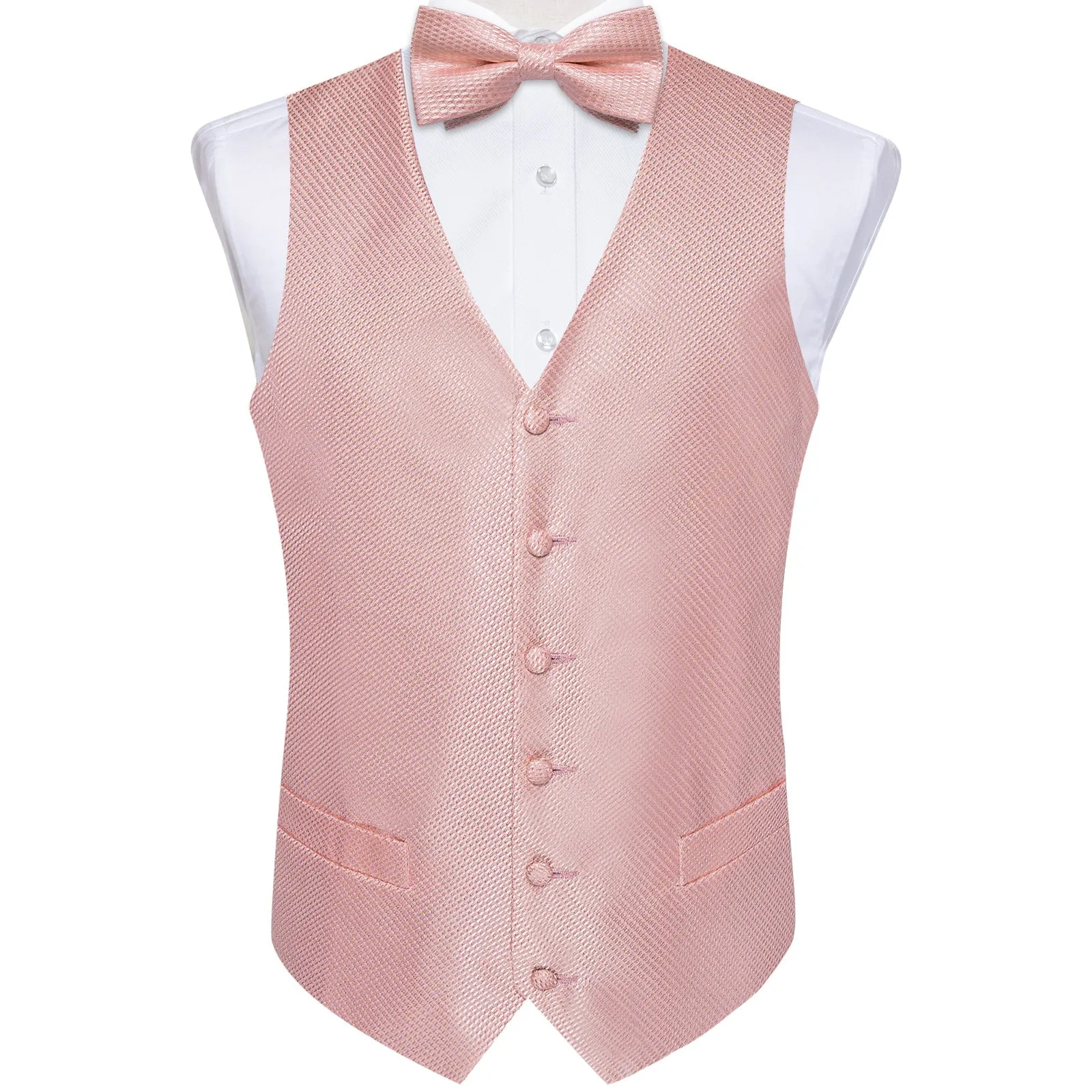 Baby Pink Polka Dot Jacquard Silk Men Vest Necktie Bow Tie Handkerchief Cufflinks Set