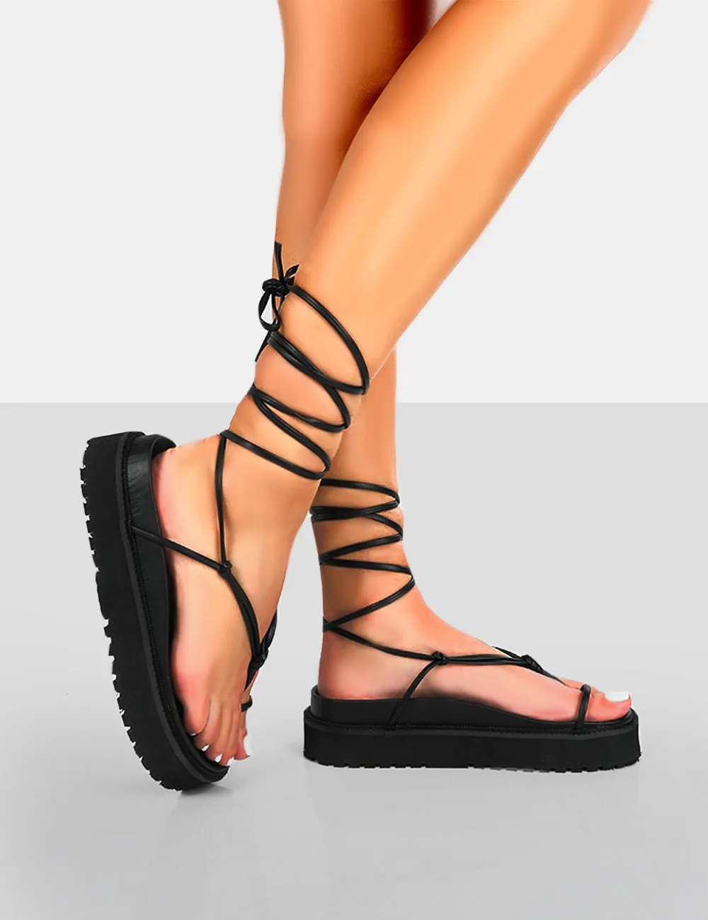 Bebe Black PU Chunky Flatform Lace Up Sandals