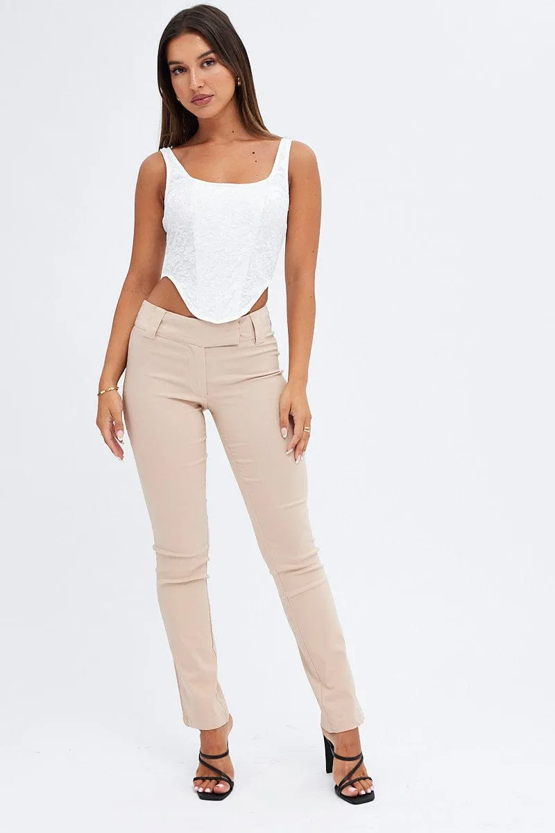 Beige Low Rise Pant Slim Leg