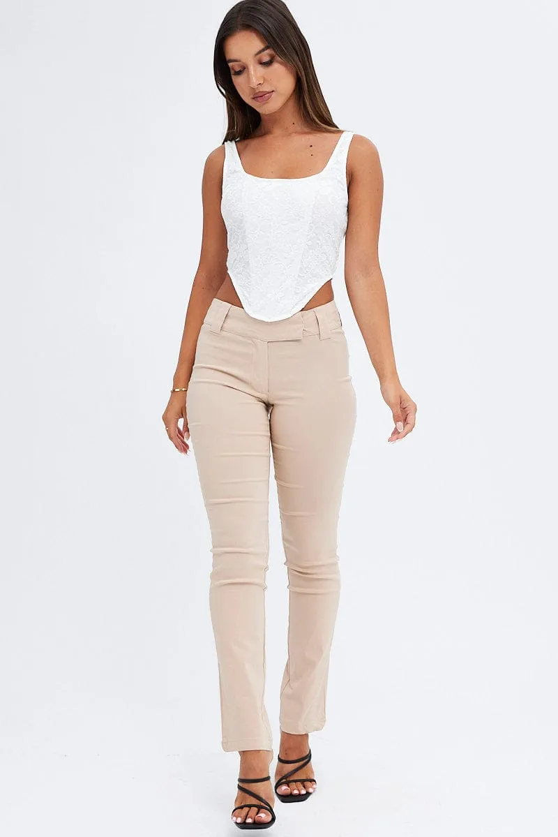 Beige Low Rise Pant Slim Leg