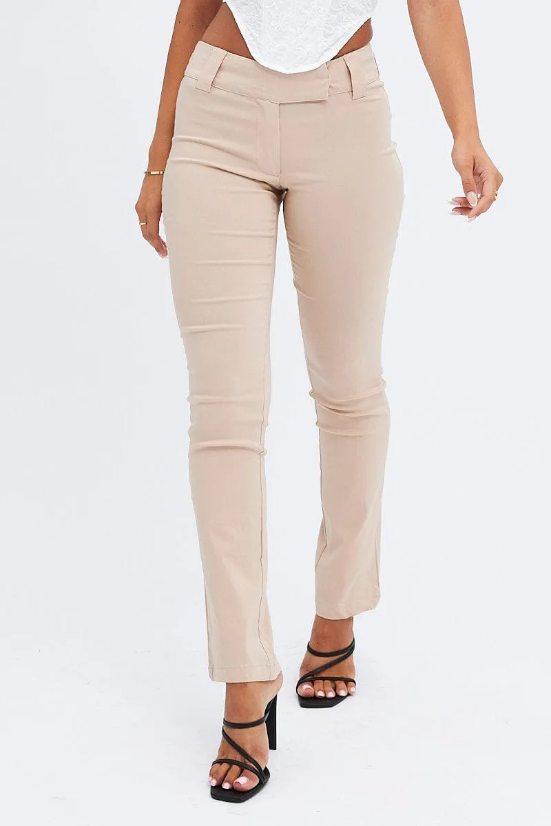 Beige Low Rise Pant Slim Leg