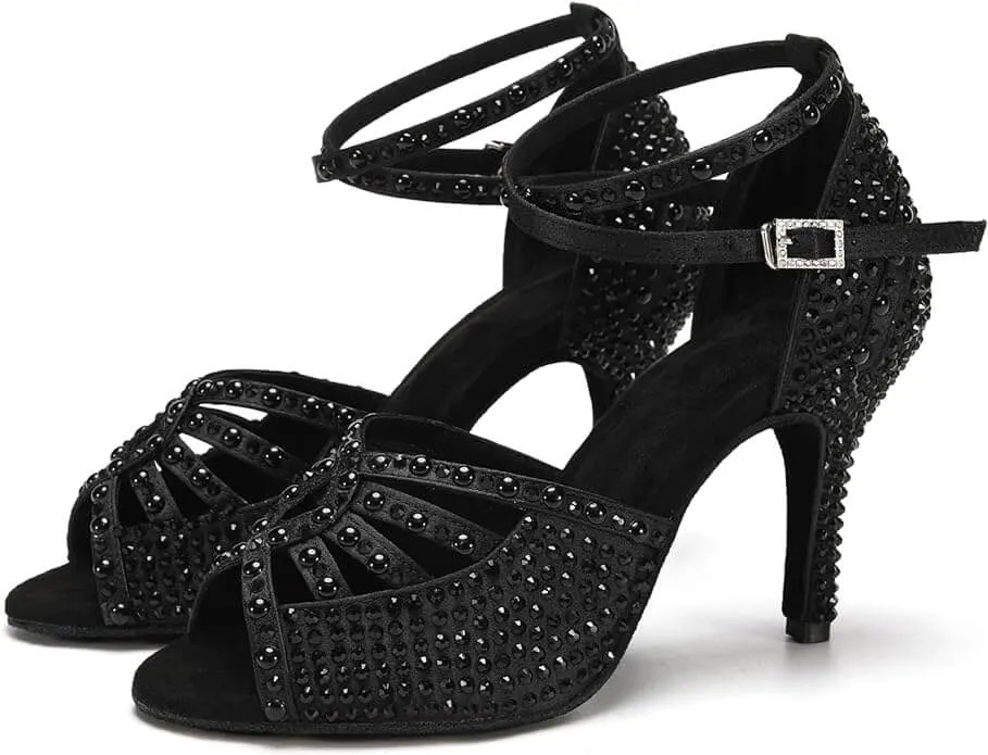 Black Dance Shoes Rhinestone for Salsa Latin Dance