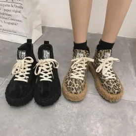 Black Leopard Fluffy Platform Sneakers