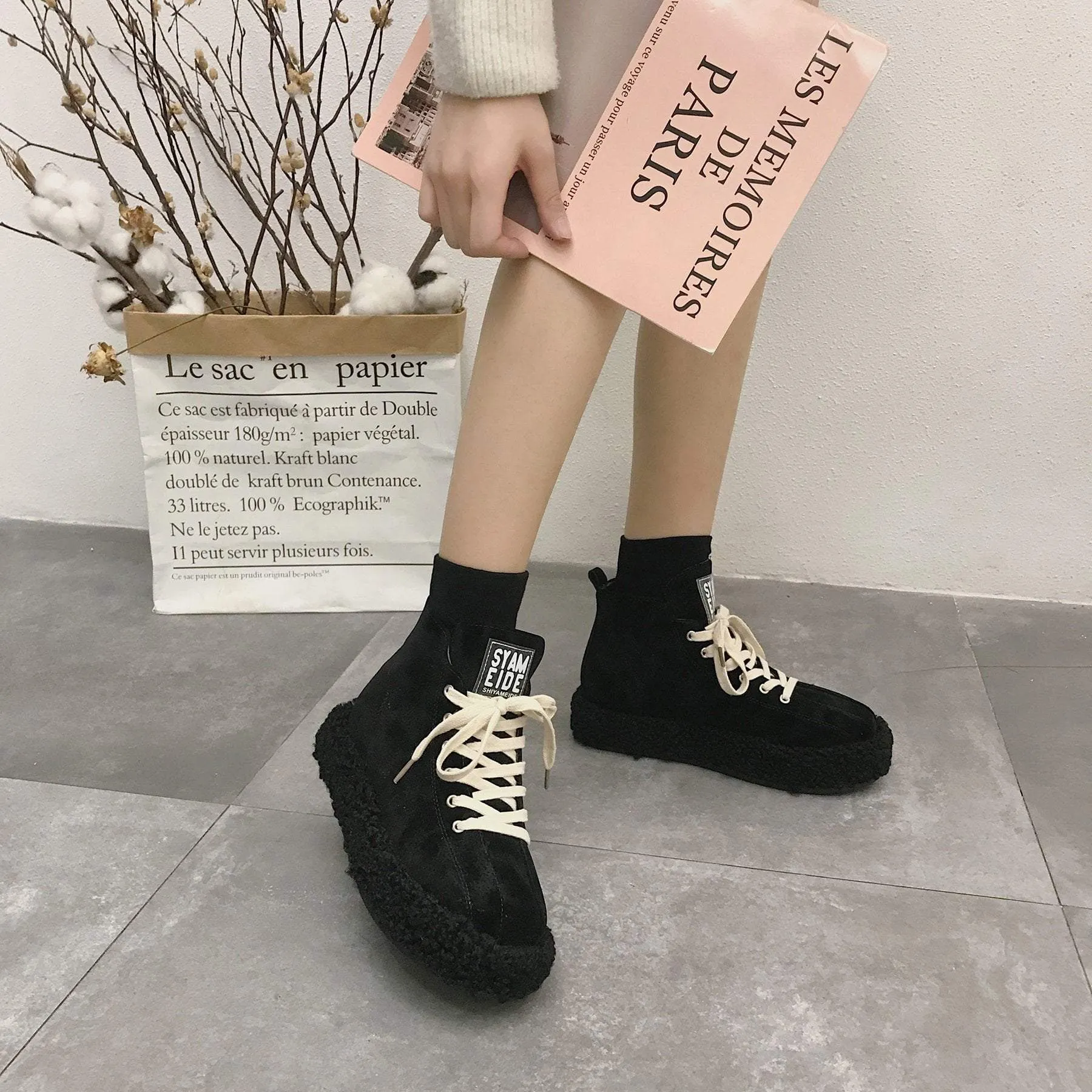 Black Leopard Fluffy Platform Sneakers