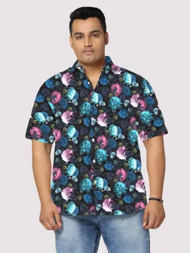 Blue and Pink Flowers Digital Printed Half Sleeve Shirt Men's Plus Size