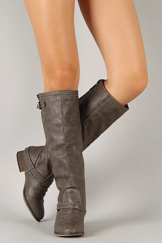 Breckelle Double Buckle Contrast Zipper Riding Knee High Boot