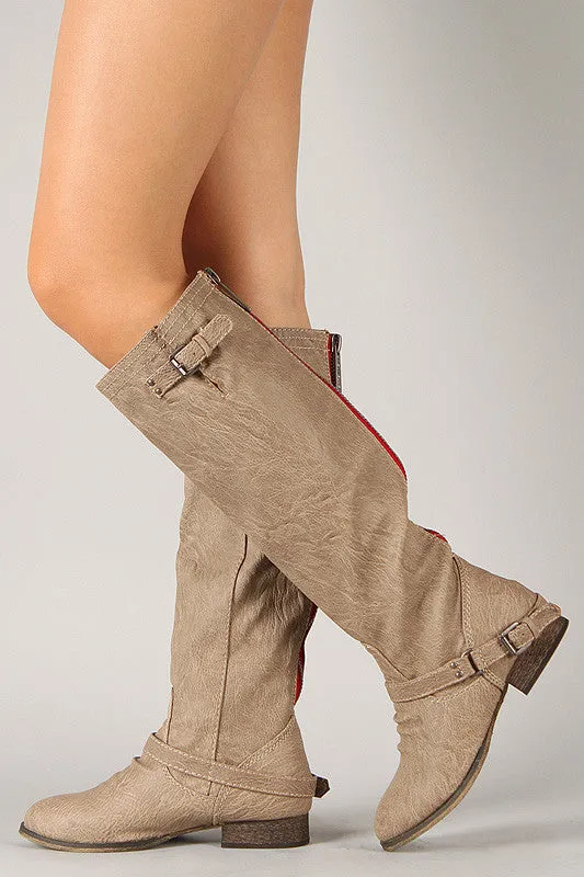 Breckelle Double Buckle Contrast Zipper Riding Knee High Boot