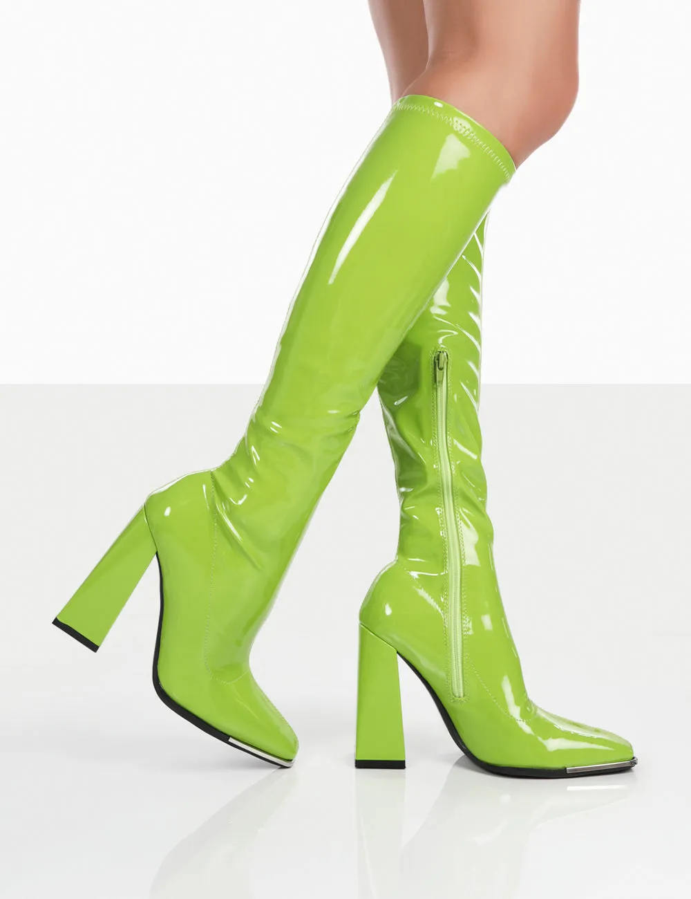 Caryn Lime Patent Knee High Block Heeled Boots