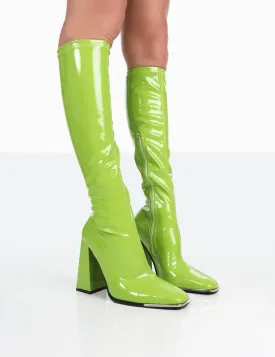 Caryn Lime Patent Knee High Block Heeled Boots