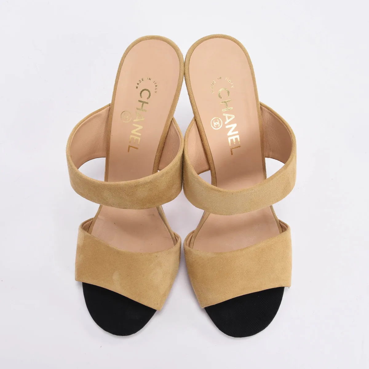 Chanel Beige Goatskin Suede Pearl Heel Sandals 40.5