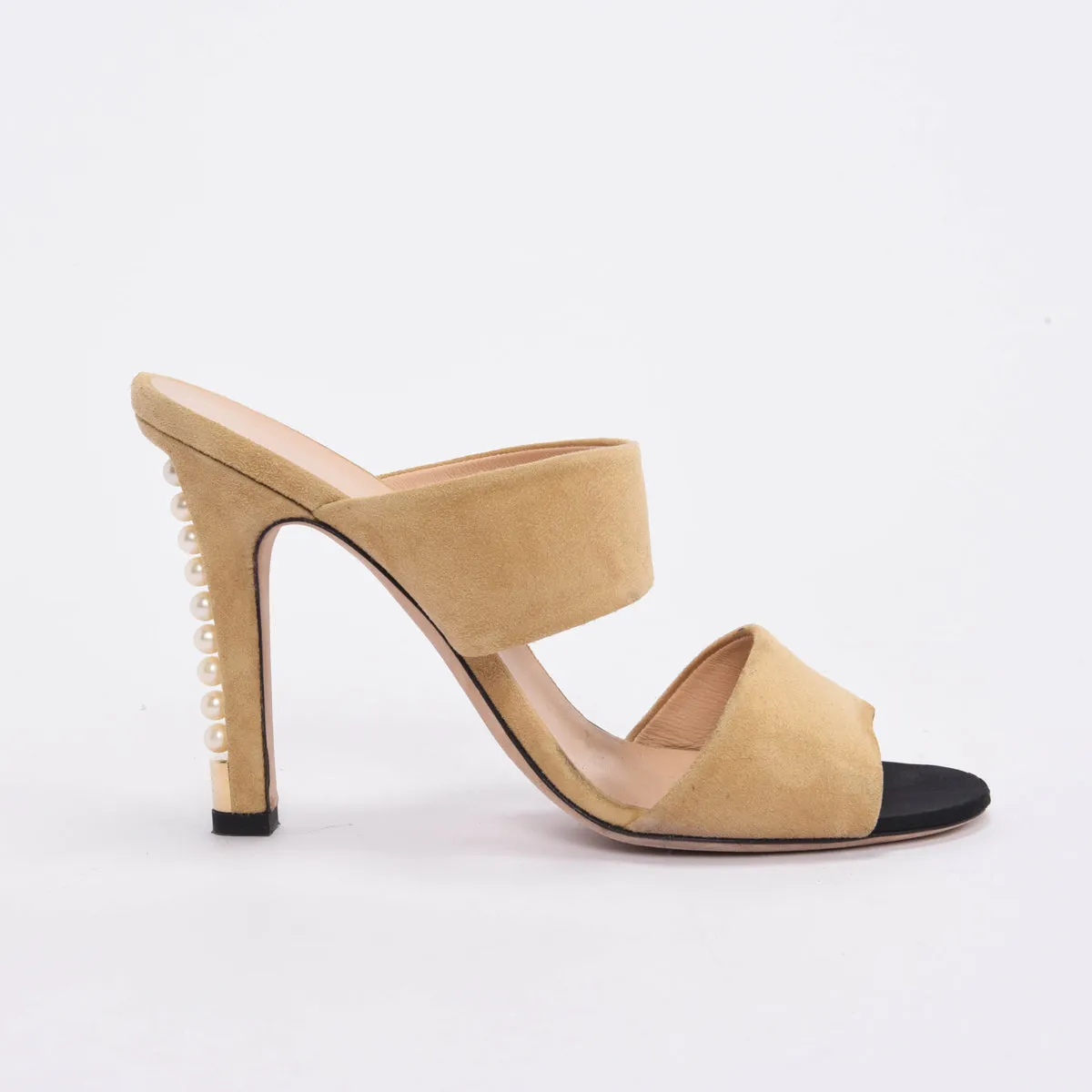 Chanel Beige Goatskin Suede Pearl Heel Sandals 40.5