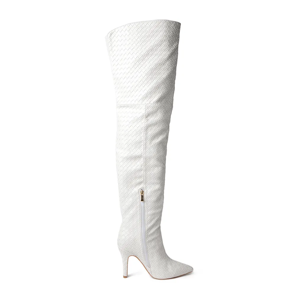 Cher White Woven Thigh High Boots