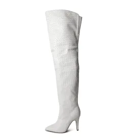 Cher White Woven Thigh High Boots