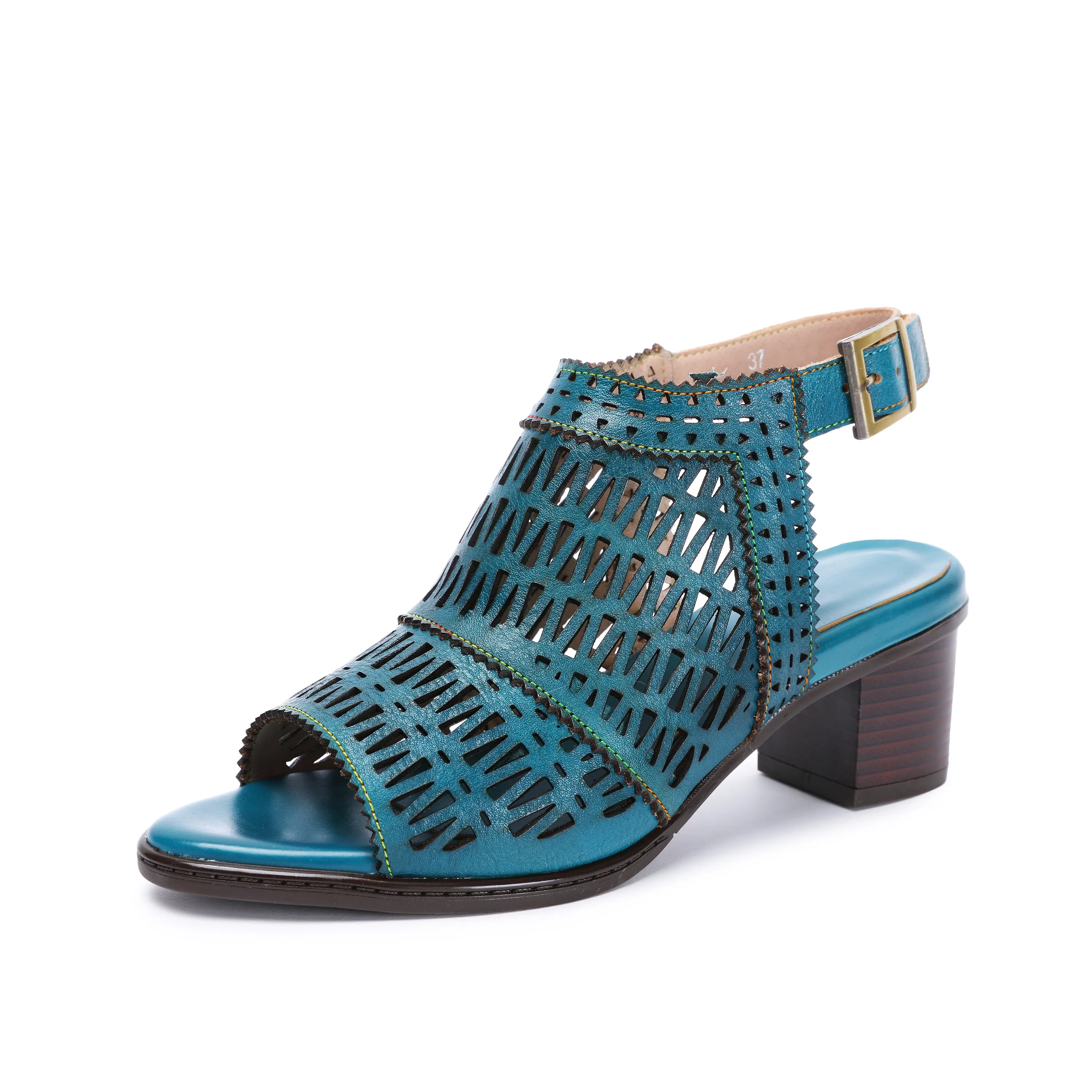 CrazycatZ Leather Block Heel Roman Sandals,Women Leather Bohemian Colorful Sandal Green