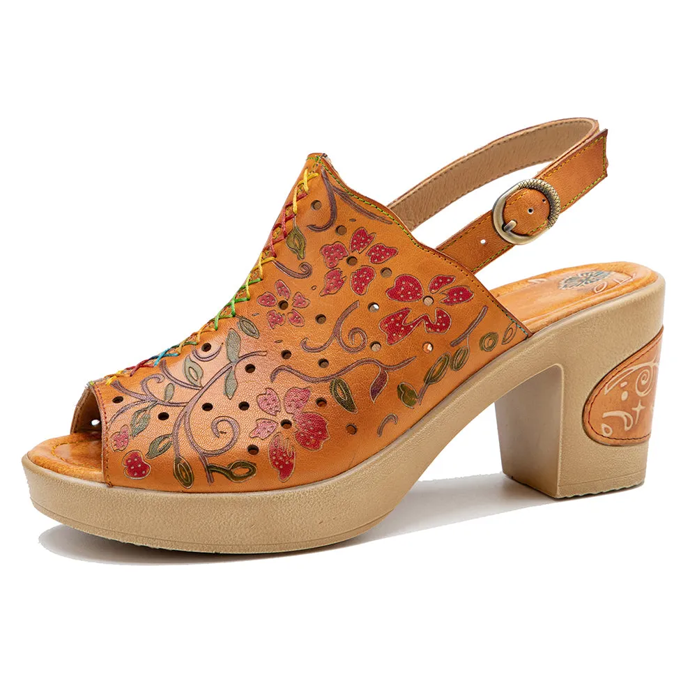 CrazycatZ Leather Block Heel Roman Sandals,Women Leather Bohemian Colorful Sandal Orange