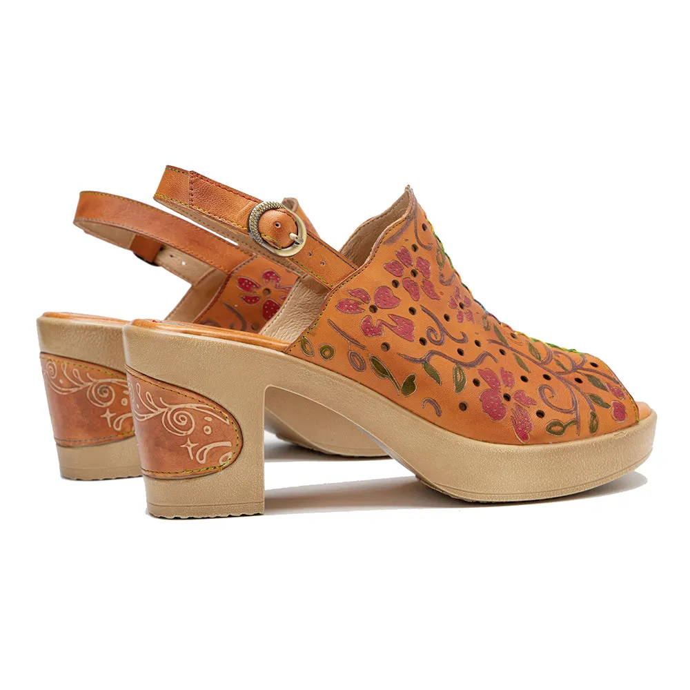 CrazycatZ Leather Block Heel Roman Sandals,Women Leather Bohemian Colorful Sandal Orange