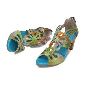 CrazycatZ Leather Block Heel Roman Sandals,Women Leather Bohemian Sandals Green