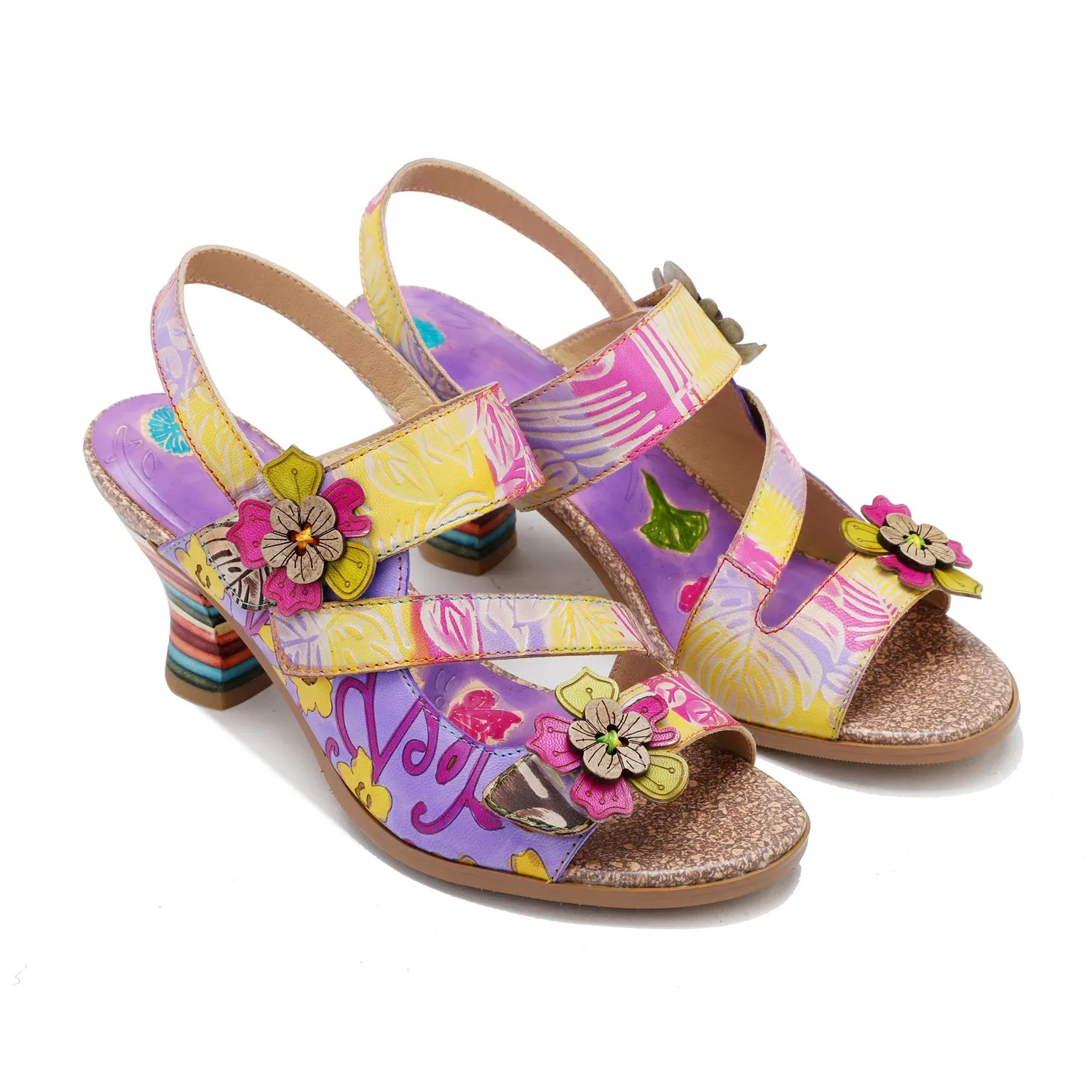 CrazycatZ Leather Block Heel Sandals,Women Leather Bohemian Colorful Sandal Light Purple