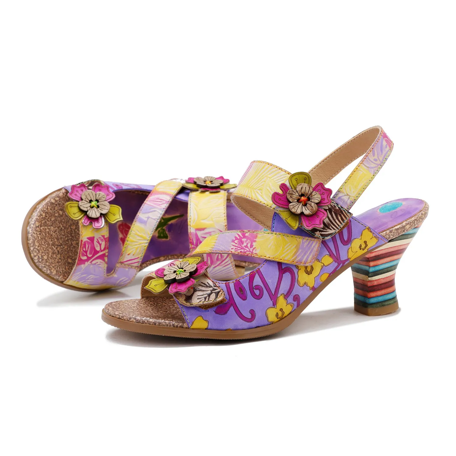 CrazycatZ Leather Block Heel Sandals,Women Leather Bohemian Colorful Sandal Light Purple