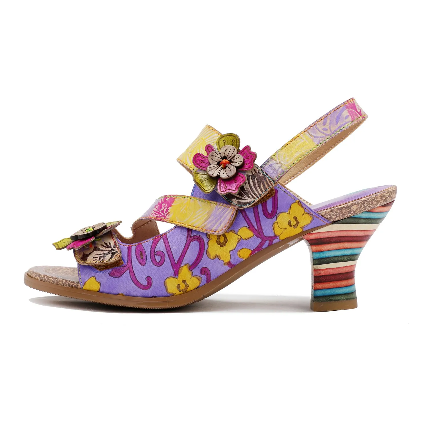 CrazycatZ Leather Block Heel Sandals,Women Leather Bohemian Colorful Sandal Light Purple