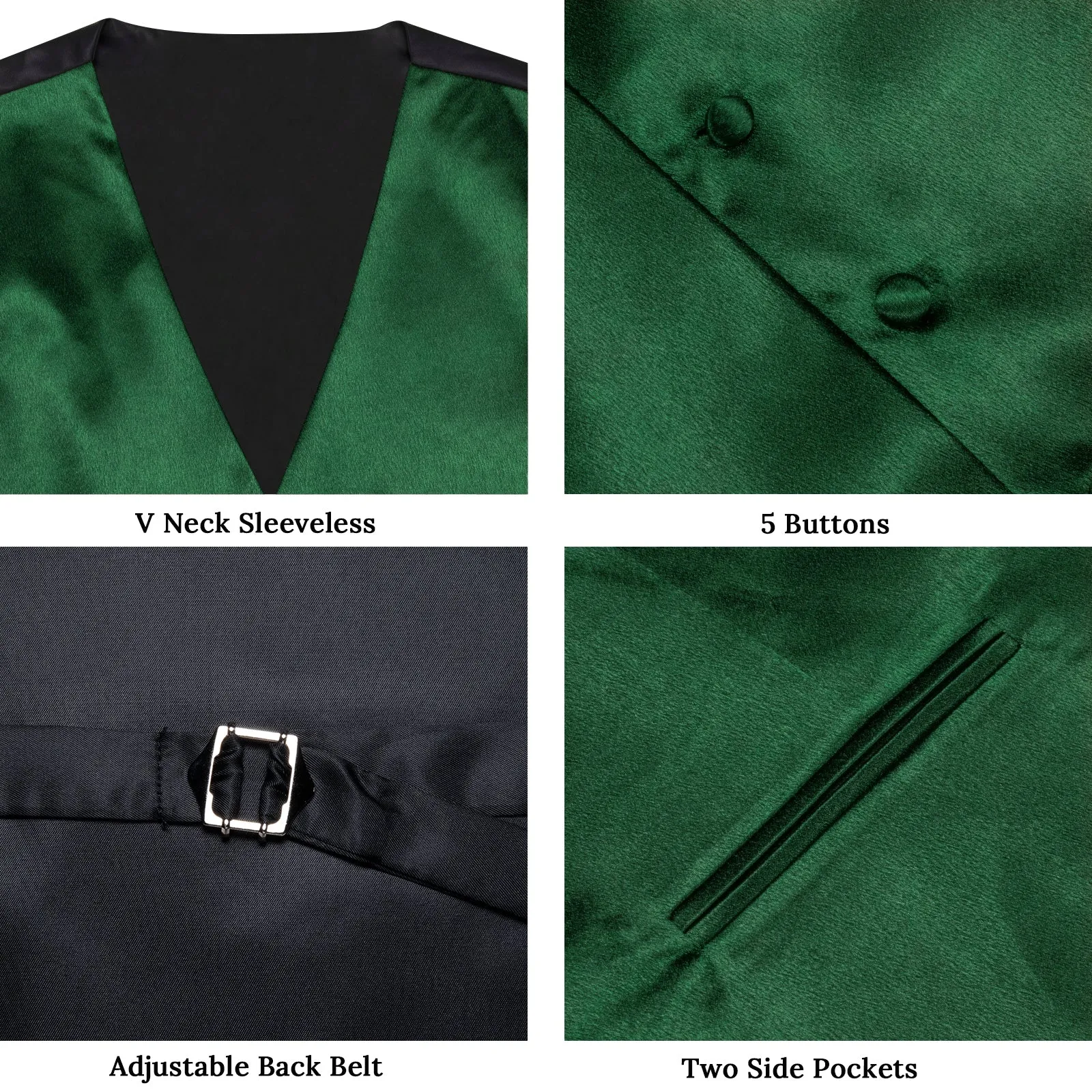 Dark Green Solid Shining Silk Men Vest Necktie Bow Tie Handkerchief Cufflinks Set