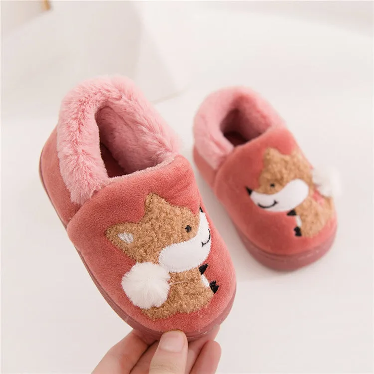 DEANWANGKT Boys and Girls Bag Heel Cartoon Fox Baby Fur Non Slip Cotton Slippers Winter Warm Children's Home Cotton Shoes