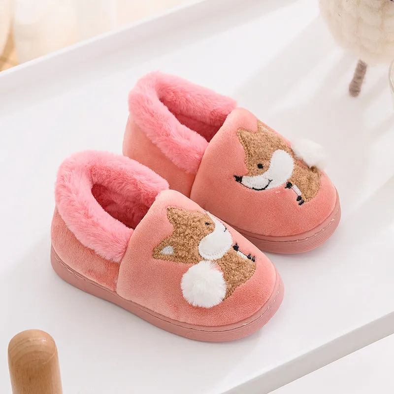 DEANWANGKT Boys and Girls Bag Heel Cartoon Fox Baby Fur Non Slip Cotton Slippers Winter Warm Children's Home Cotton Shoes