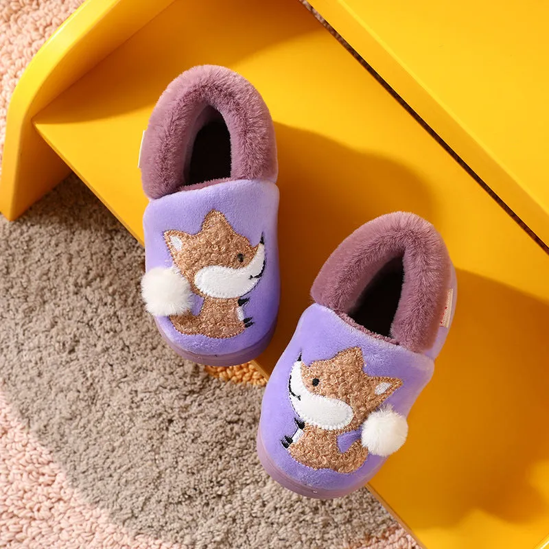 DEANWANGKT Boys and Girls Bag Heel Cartoon Fox Baby Fur Non Slip Cotton Slippers Winter Warm Children's Home Cotton Shoes