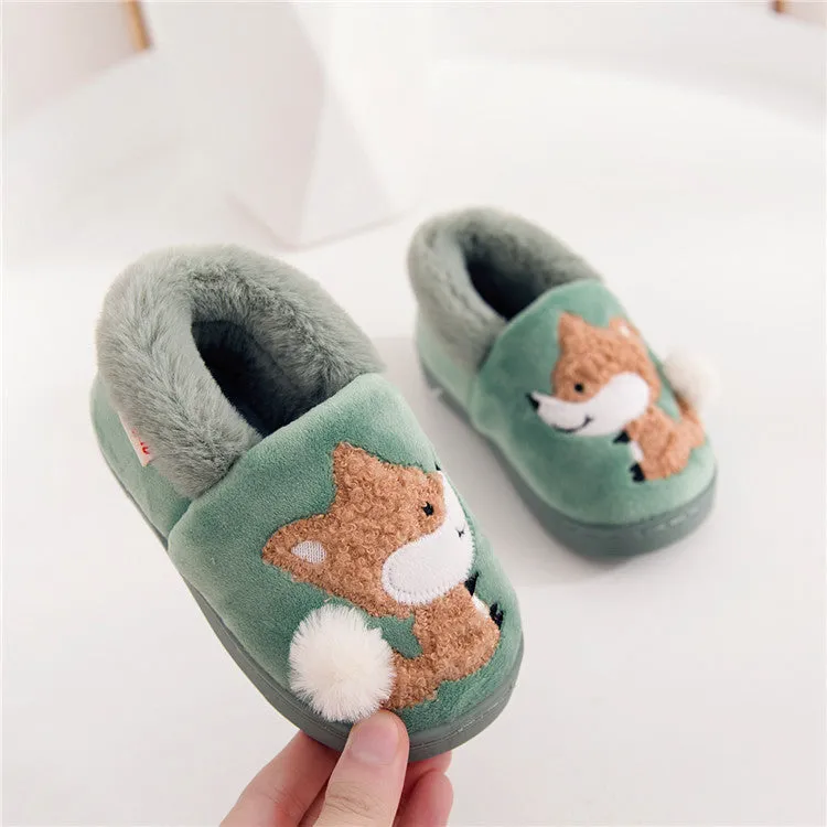 DEANWANGKT Boys and Girls Bag Heel Cartoon Fox Baby Fur Non Slip Cotton Slippers Winter Warm Children's Home Cotton Shoes