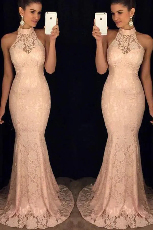 Elegant Mermaid Halter Open Back Peach Lace Long Prom Dresses PG766