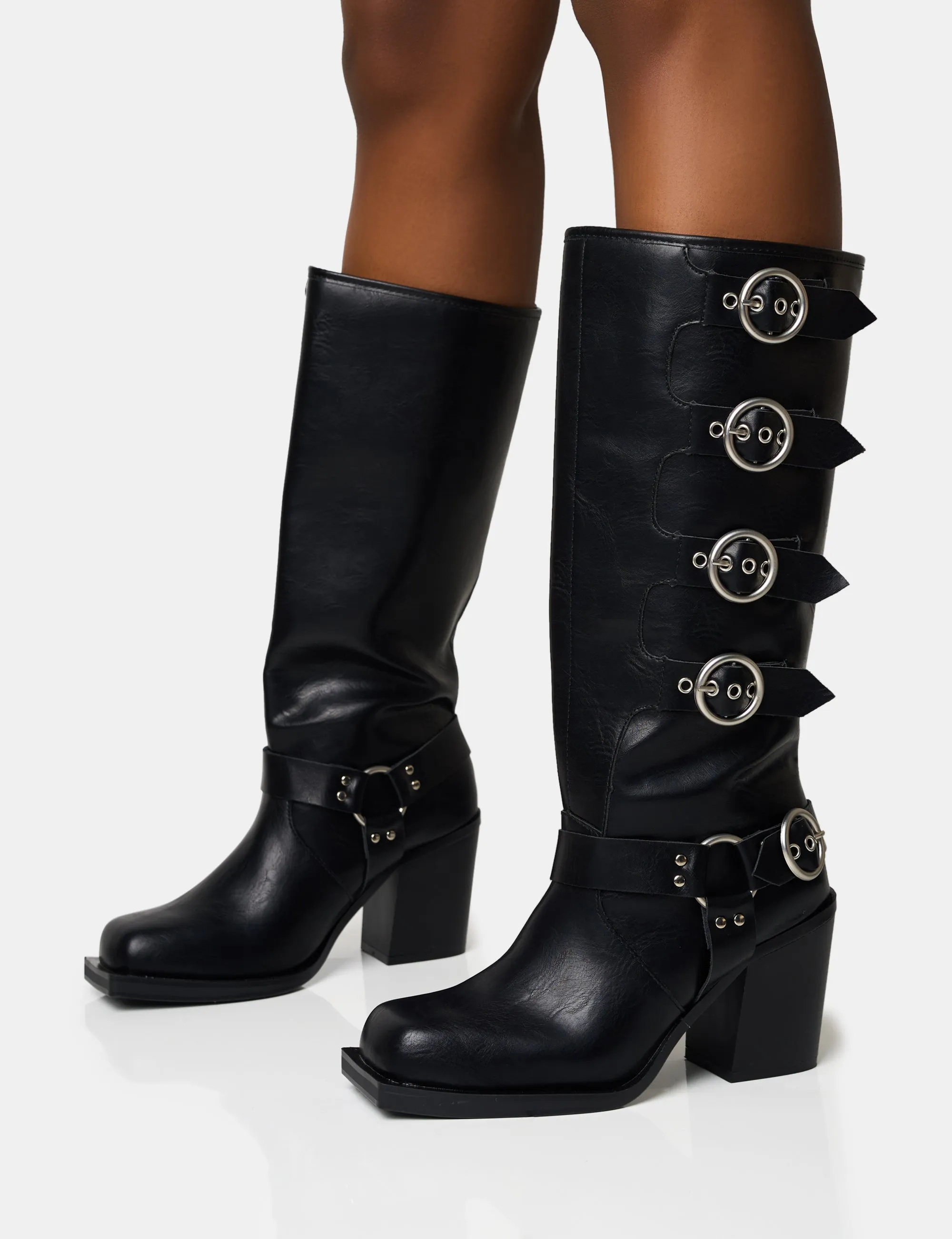 Fetish Black Pu Buckle Detail Knee High Boots