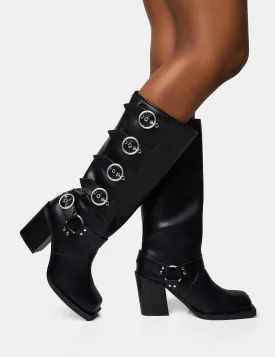 Fetish Black Pu Buckle Detail Knee High Boots