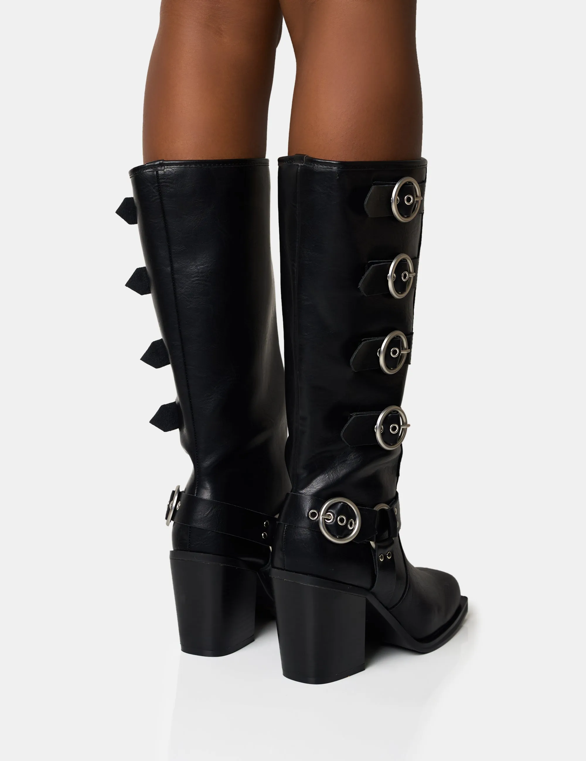 Fetish Black Pu Buckle Detail Knee High Boots