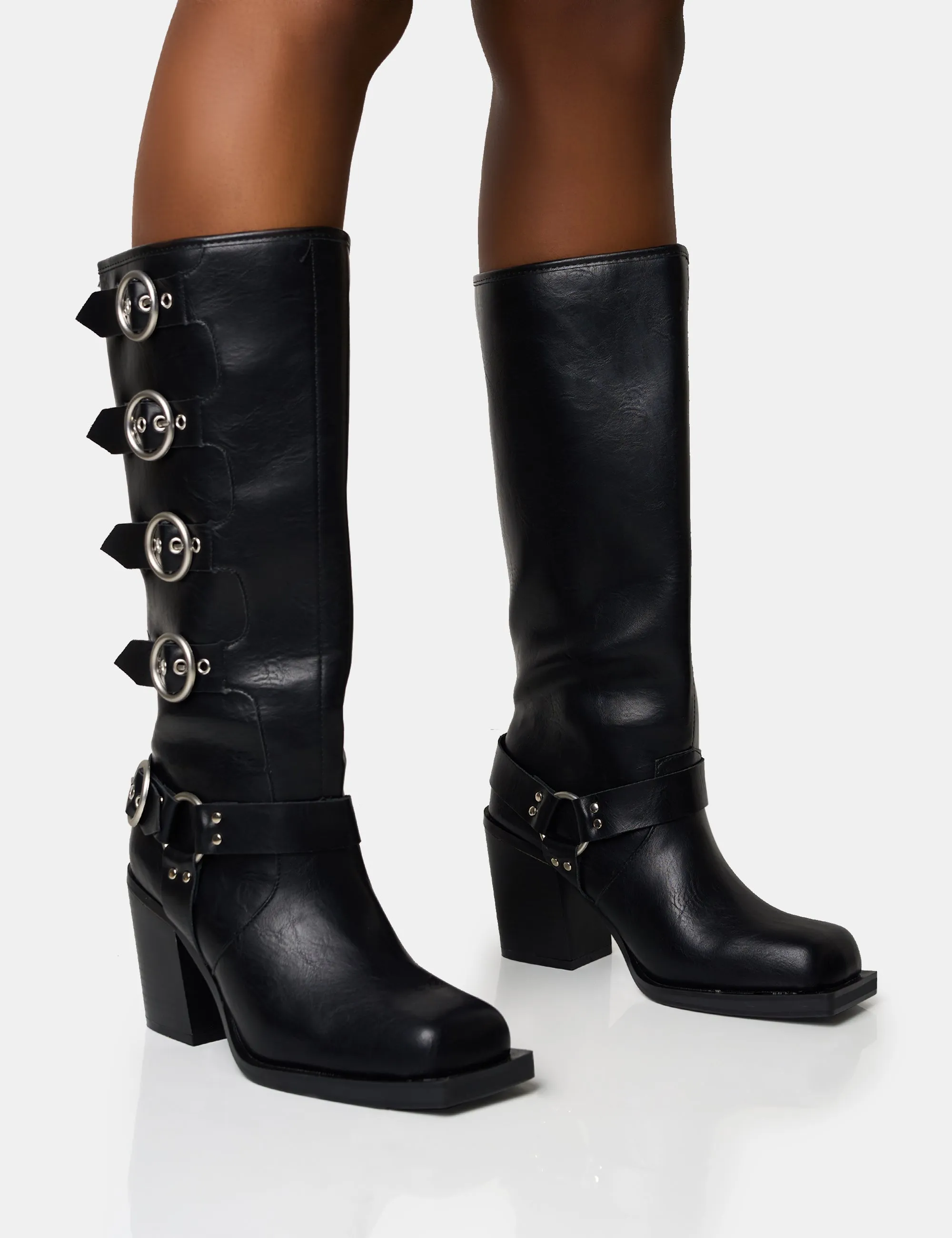 Fetish Black Pu Buckle Detail Knee High Boots