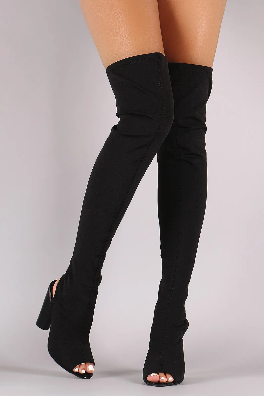 Fitted Elastane Over-The-Knee Chunky Heeled Boots