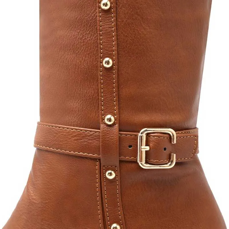 Knee High Rivets Buckle Straps Boots