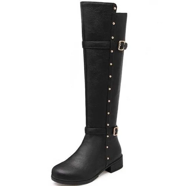 Knee High Rivets Buckle Straps Boots