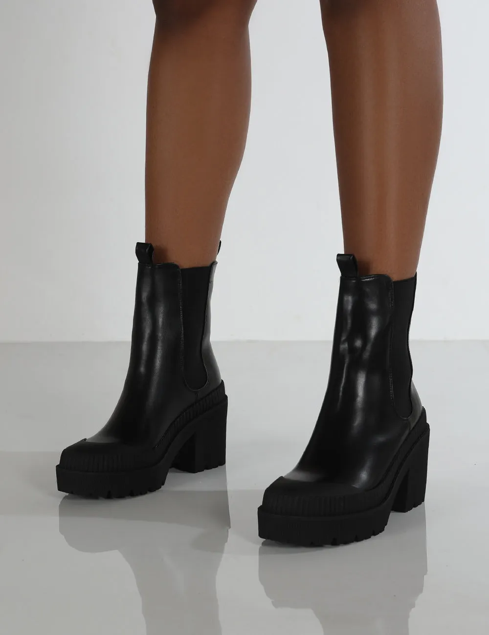 Liah Black PU Chunky Sole Heeled Ankle Boots