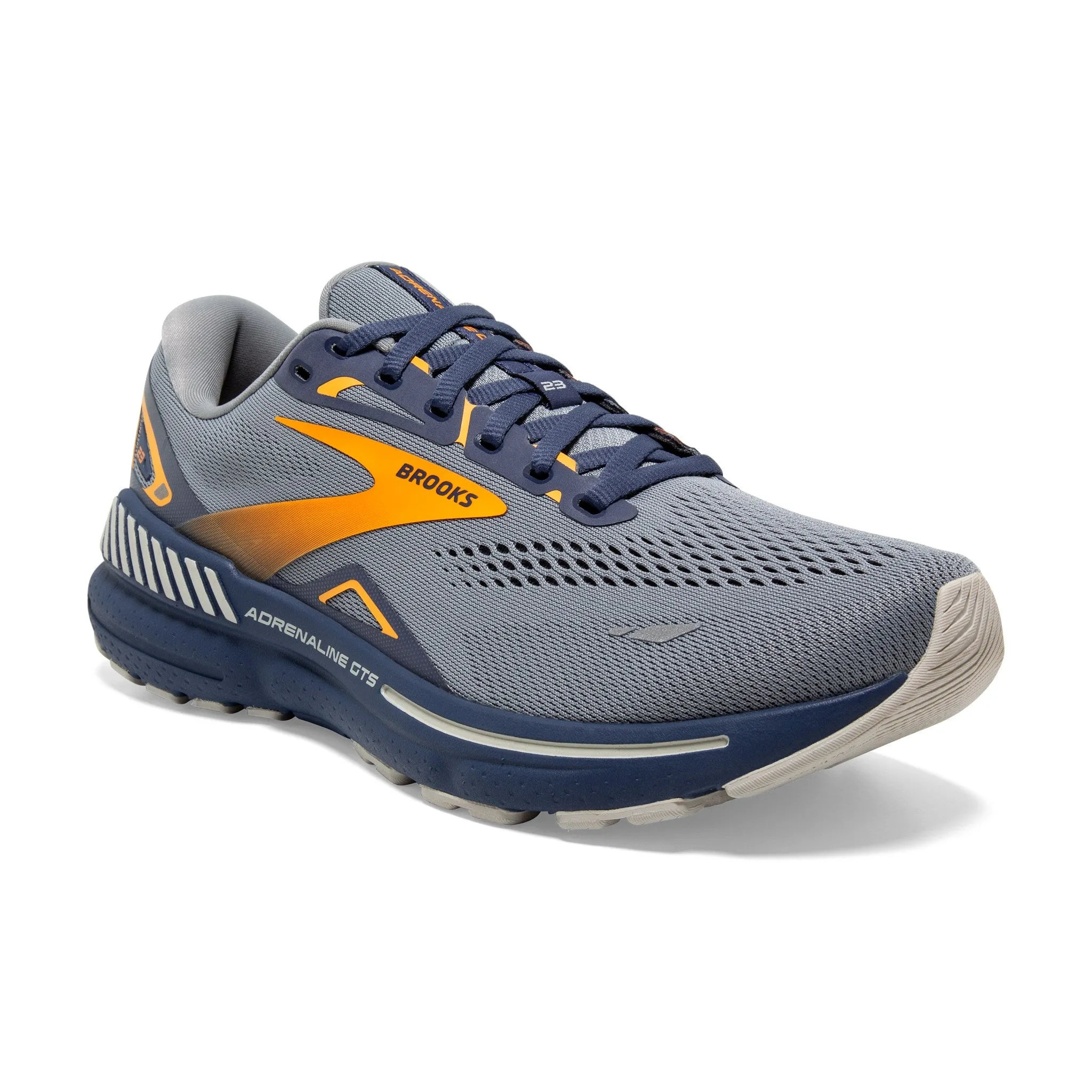 Men's Brooks Adrenaline GTS 23 Running Shoe in Crystal Grey/Crown Blue/Orange