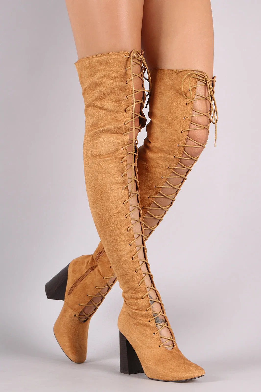 Nadia - Suede Lace Up Chunky Heeled Over-The-Knee Boots