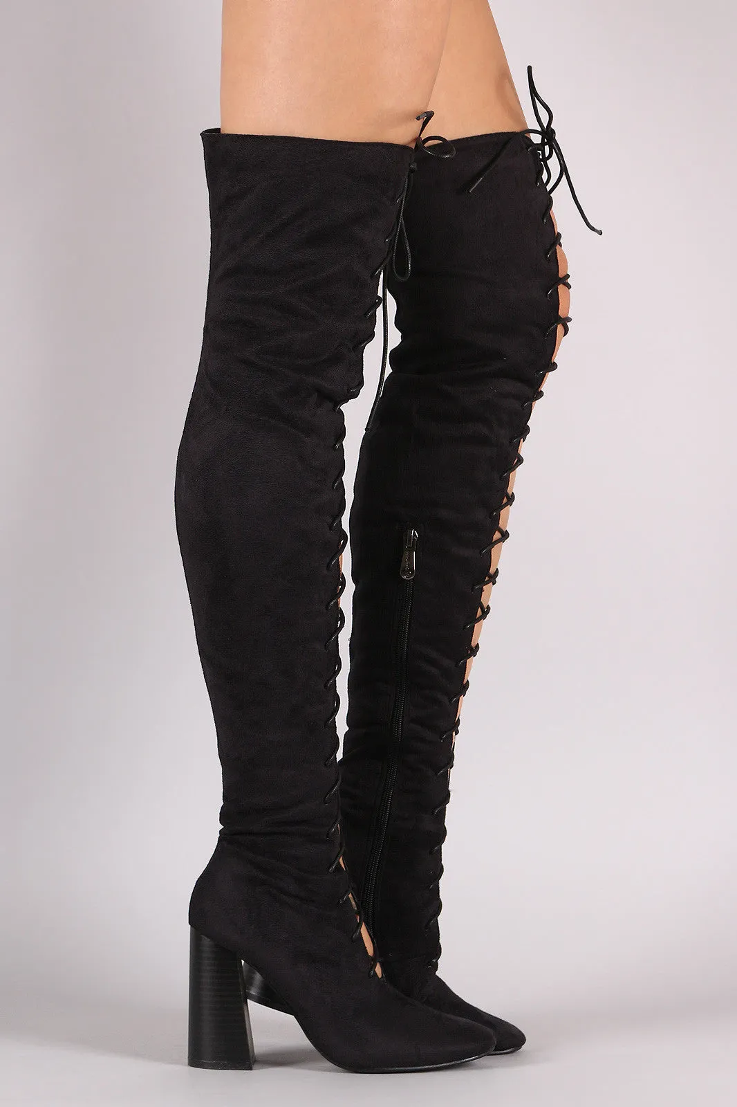 Nadia - Suede Lace Up Chunky Heeled Over-The-Knee Boots