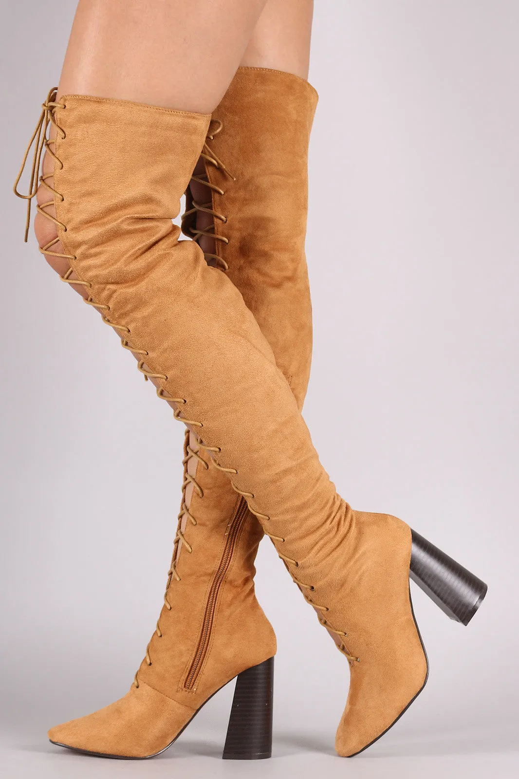 Nadia - Suede Lace Up Chunky Heeled Over-The-Knee Boots