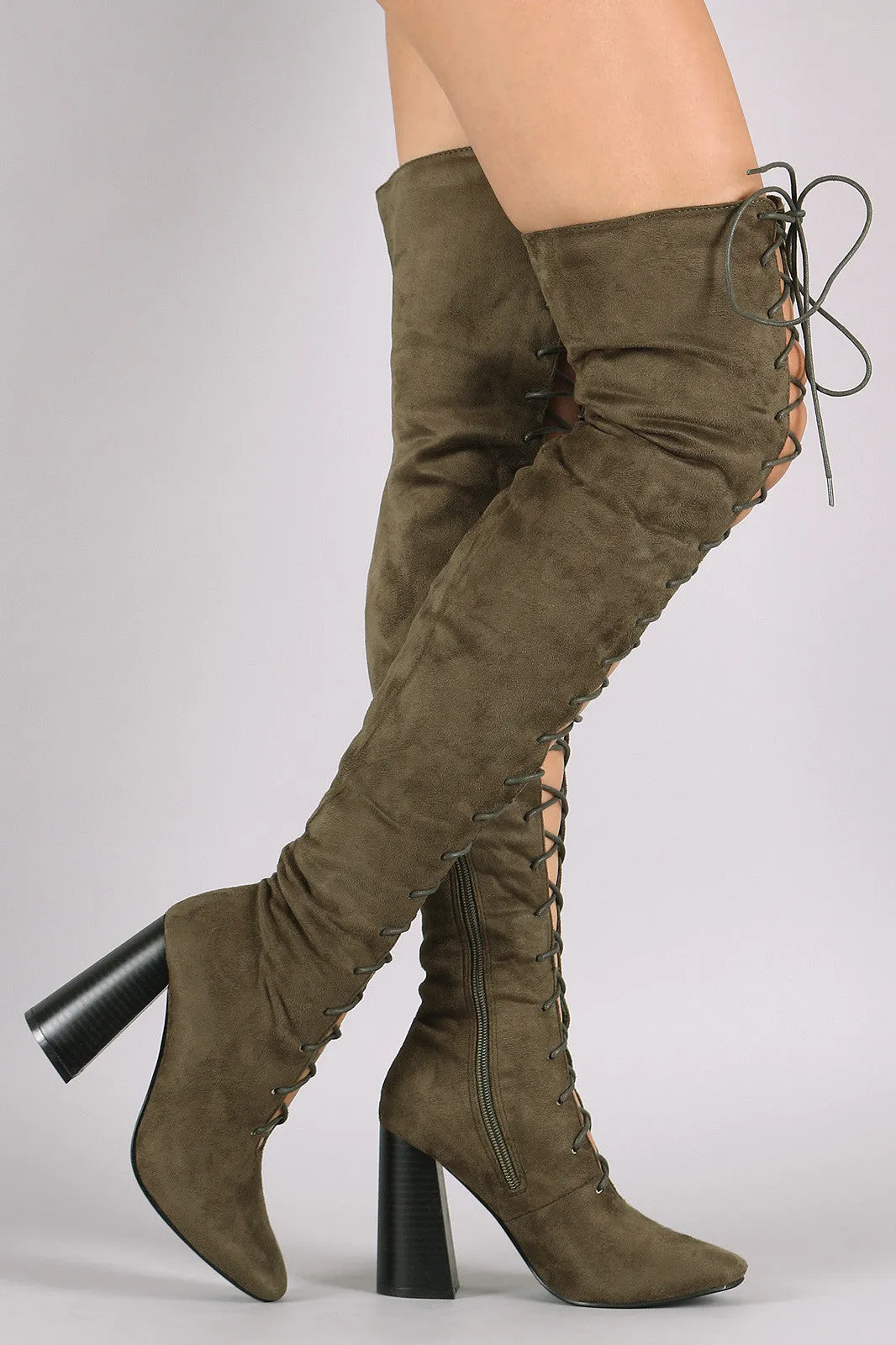 Nadia - Suede Lace Up Chunky Heeled Over-The-Knee Boots