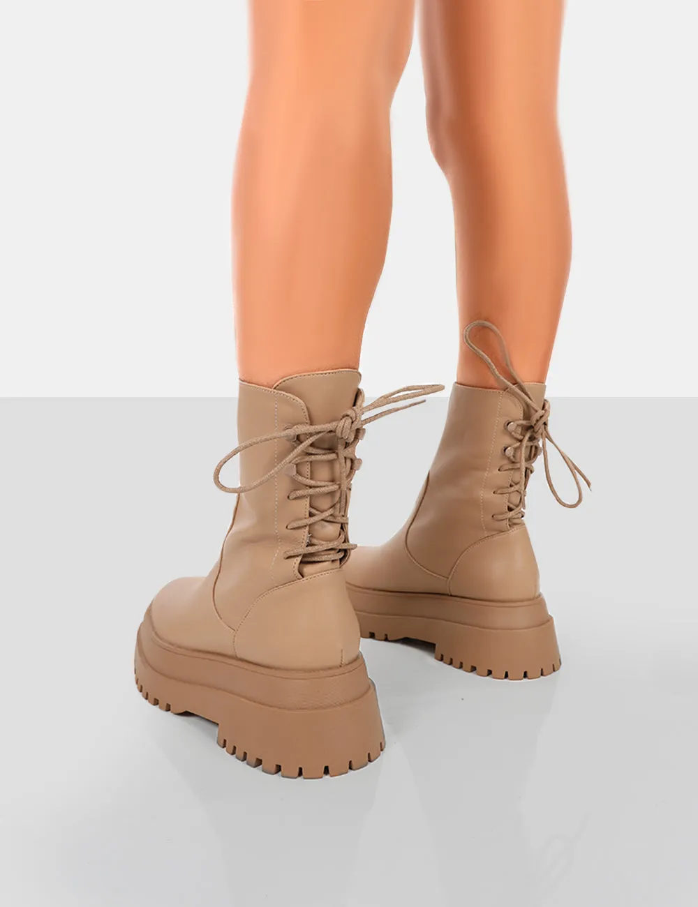 Noelle Camel Platform Chunky Sole Lace Up Detail Ankle Boots