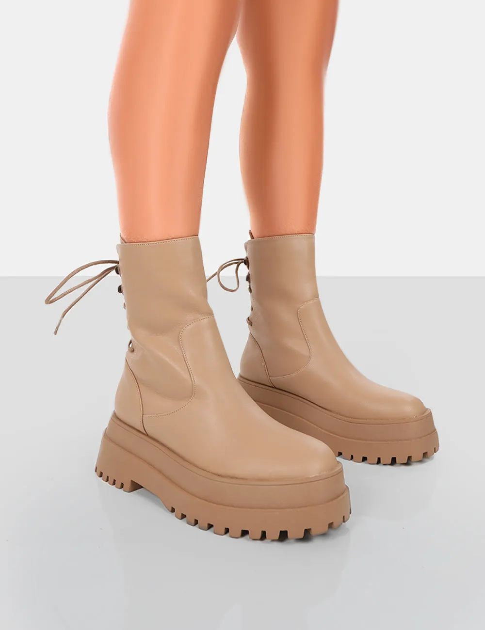 Noelle Camel Platform Chunky Sole Lace Up Detail Ankle Boots