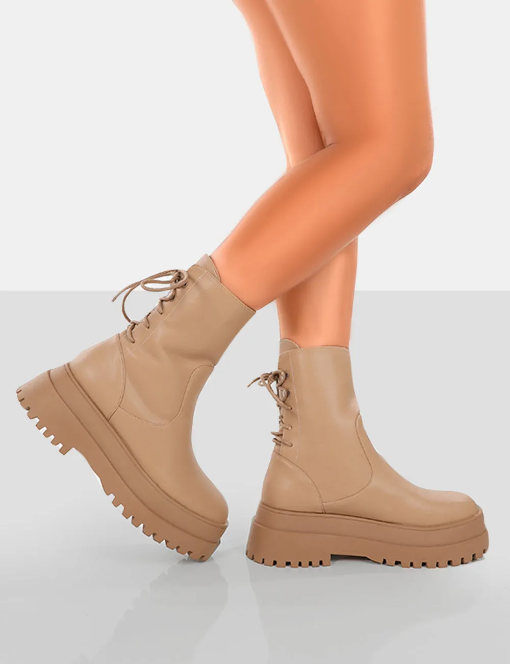 Noelle Camel Platform Chunky Sole Lace Up Detail Ankle Boots