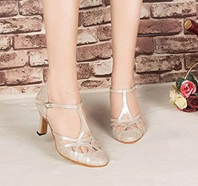 Nude Glitter T Straps Ballroom Closed Toe Dance Shoes