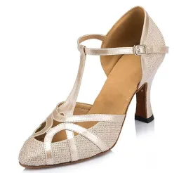 Nude Glitter T Straps Ballroom Closed Toe Dance Shoes