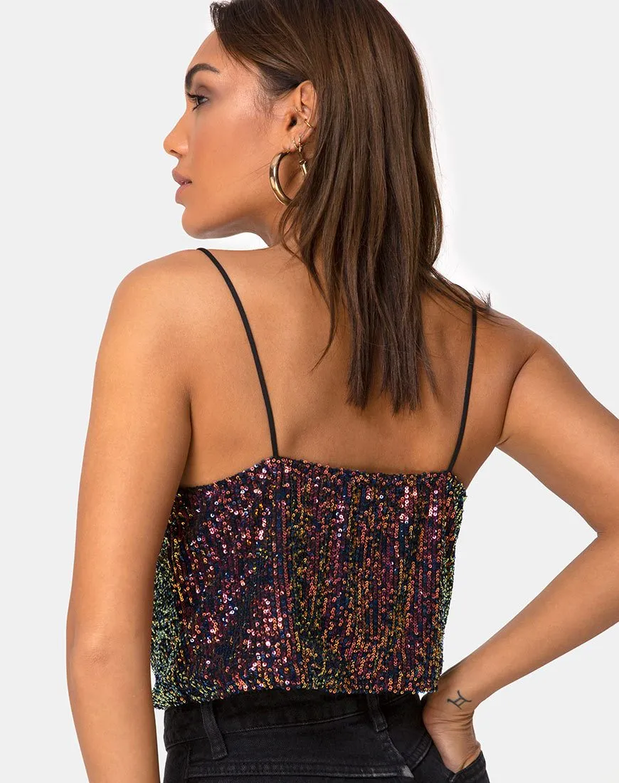 Paima Strappy Top in Drape Net Sequin Iridescent Burgundy